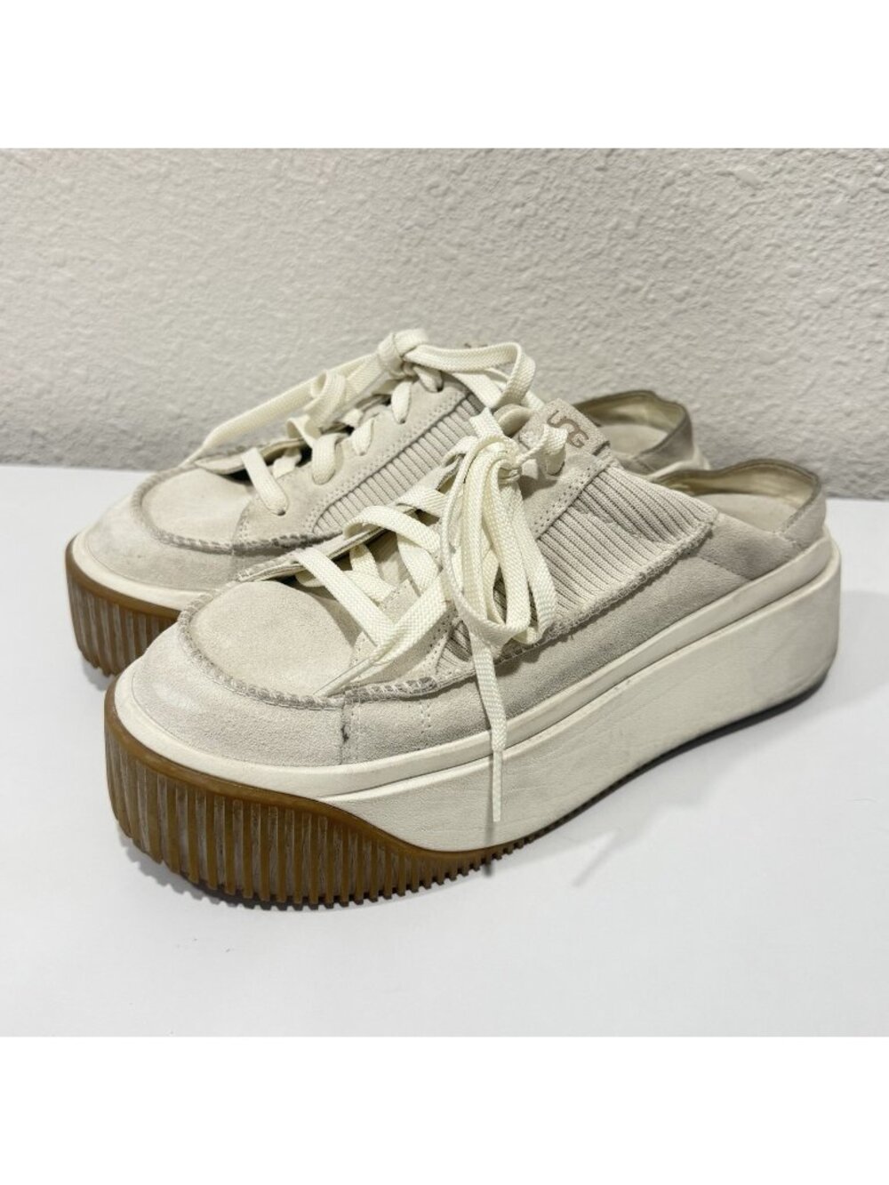 Ugg EZ Duzzit Platform slip on slide Sandal laces mule womens shoe Size 9 Beige